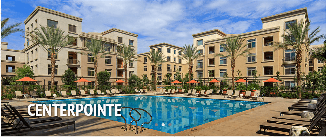 Centerpointe Apartments pool deck and residential unit exterior patio doors